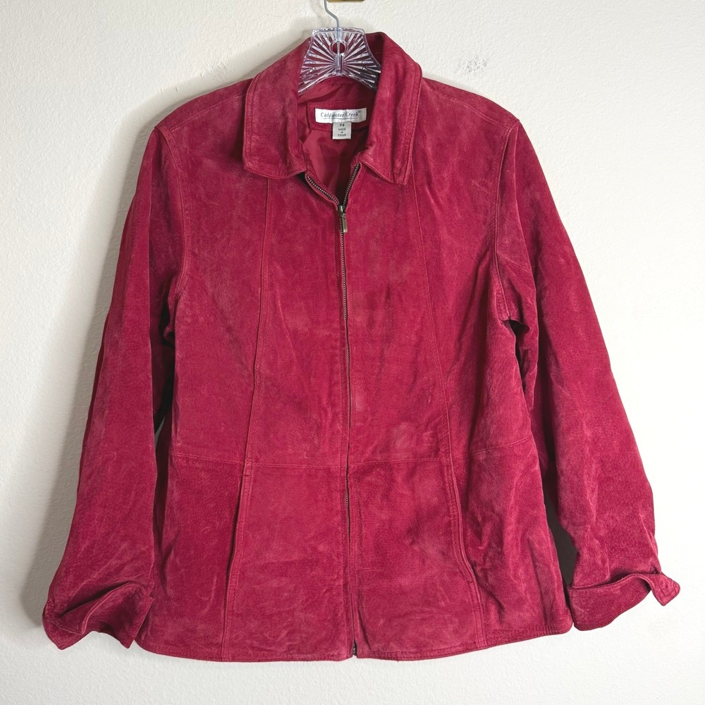Coldwater Creek Jacket Women PS Red Suede Leather Full Zip Collared Outerwear